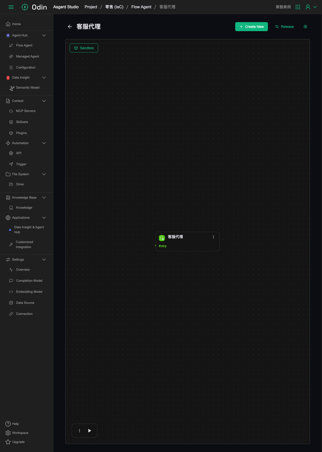 The support agent's visual Workflow, four nodes Entry → Init → Agent → Listen, with Agent branching to Error on failure