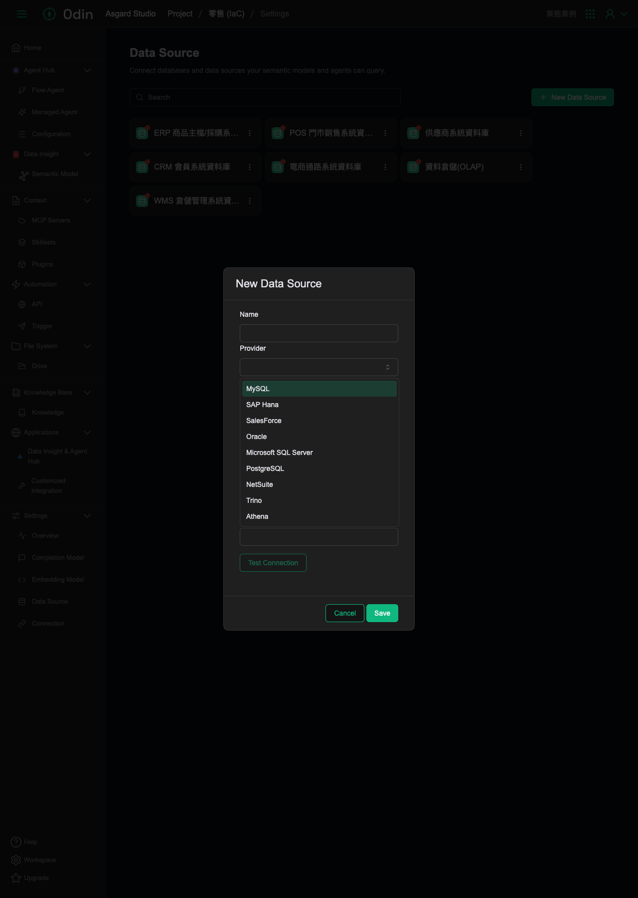 New Data Source form, Provider dropdown expanded showing the nine supported databases
