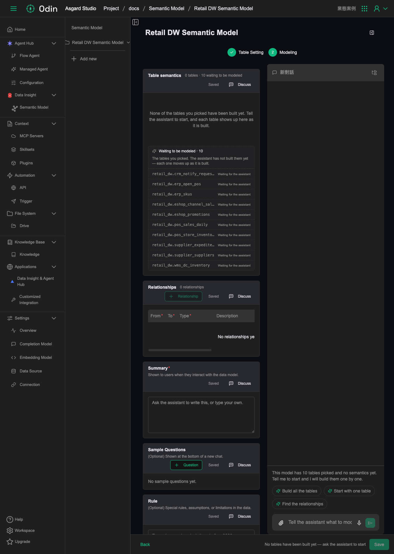 Modeling step on arrival, all 10 tables still Waiting to be modeled, with the chat panel on the right listing the three quick actions